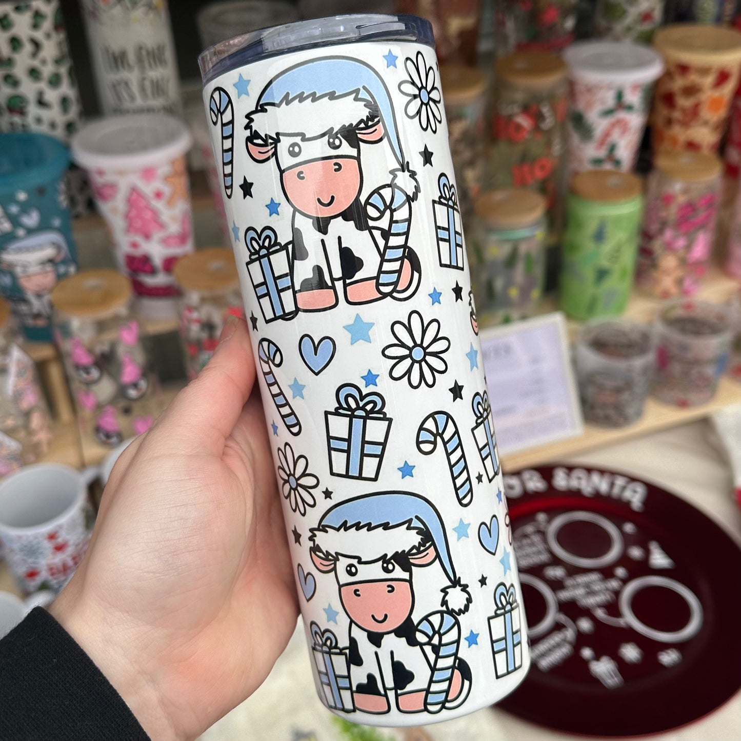 Blue Christmas cow tumbler