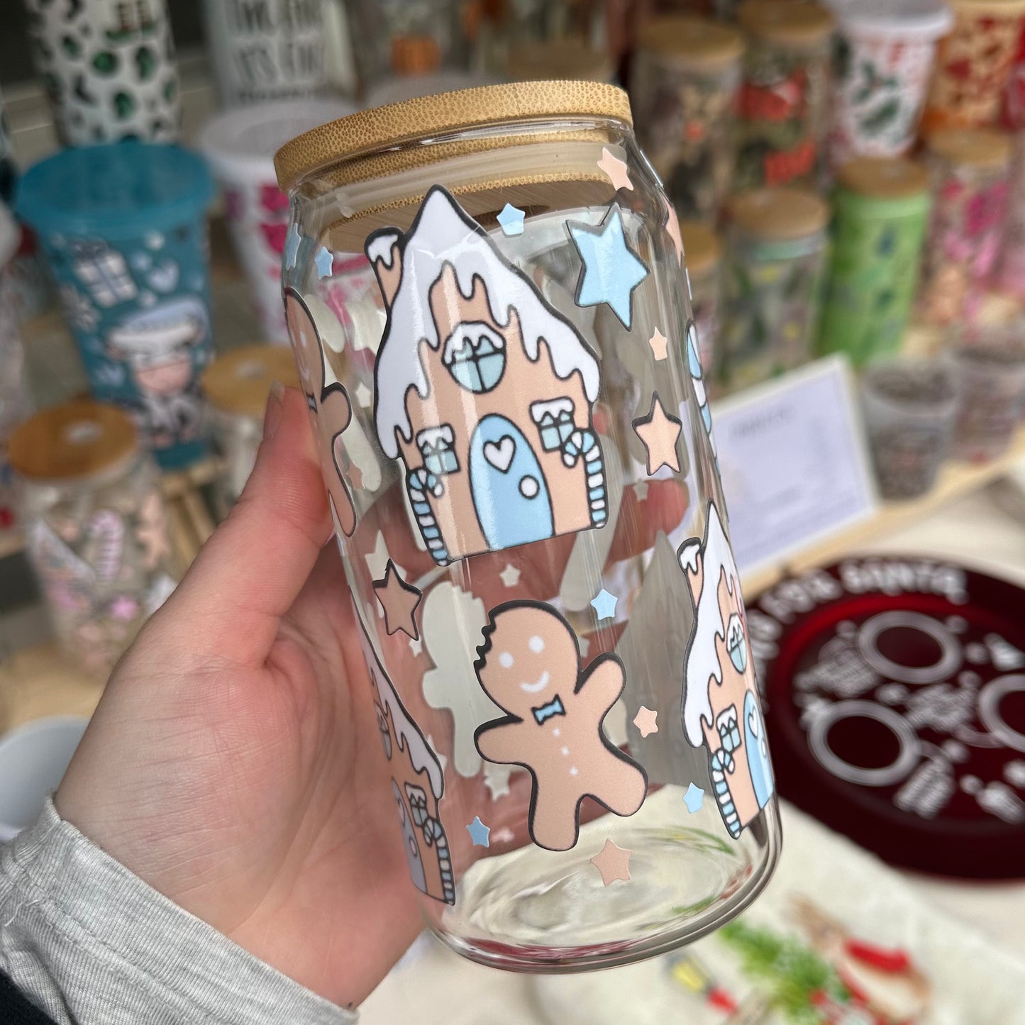 Blue Gingerbread glass can