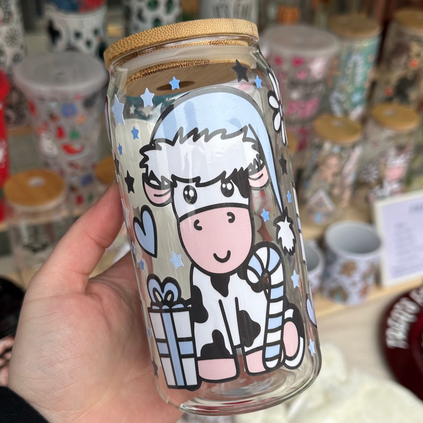 Blue Christmas cow glass can