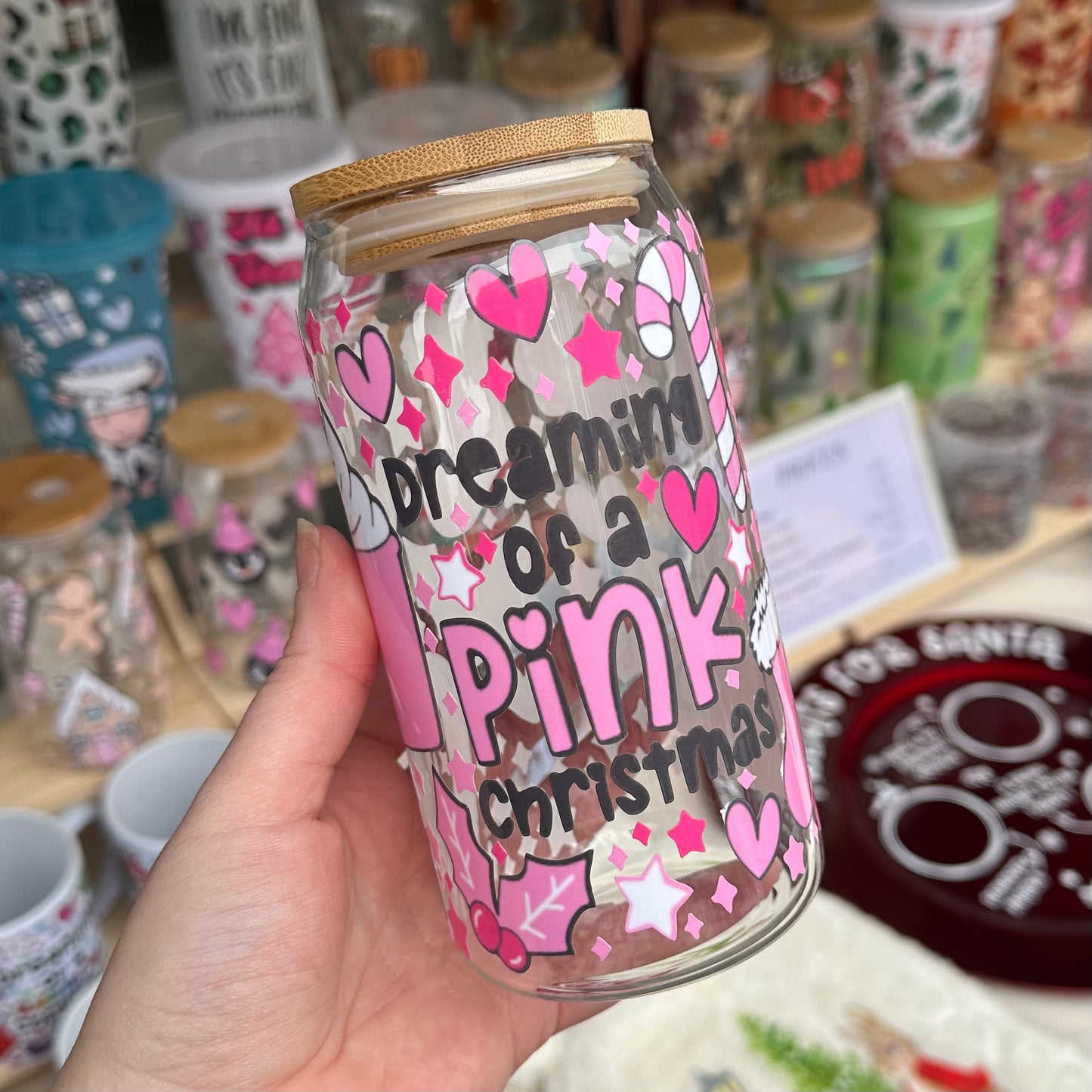 Pink Christmas glass can