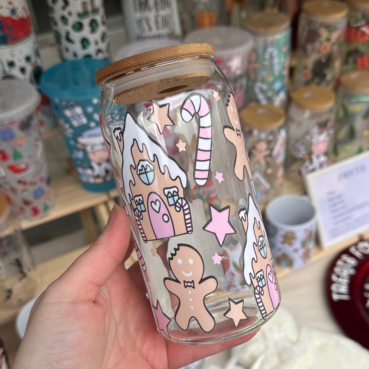 Pink gingerbread glass can