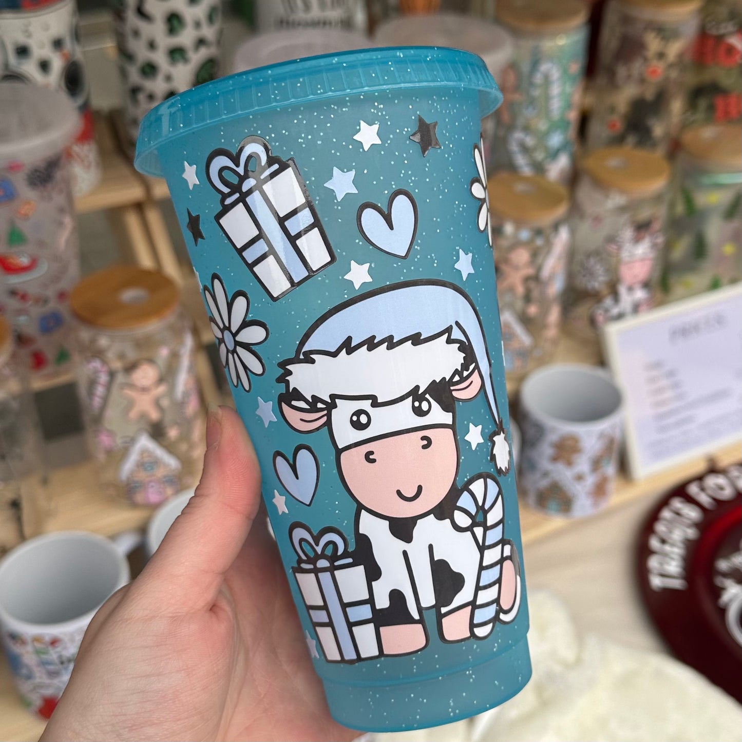 Blue Christmas cow cold cup