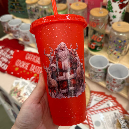 Santa and reindeer traditional cold cup
