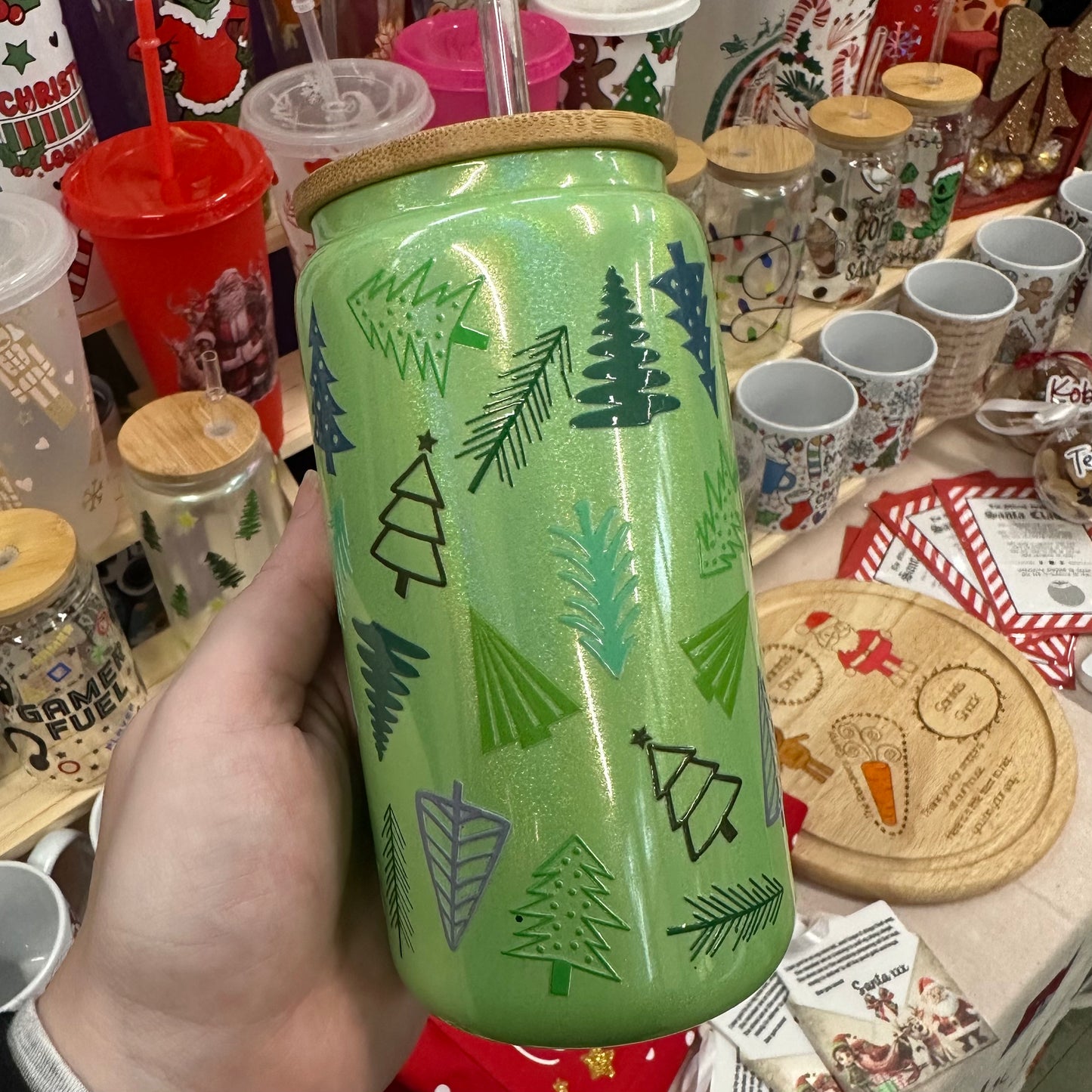 Green shimmer glass can
