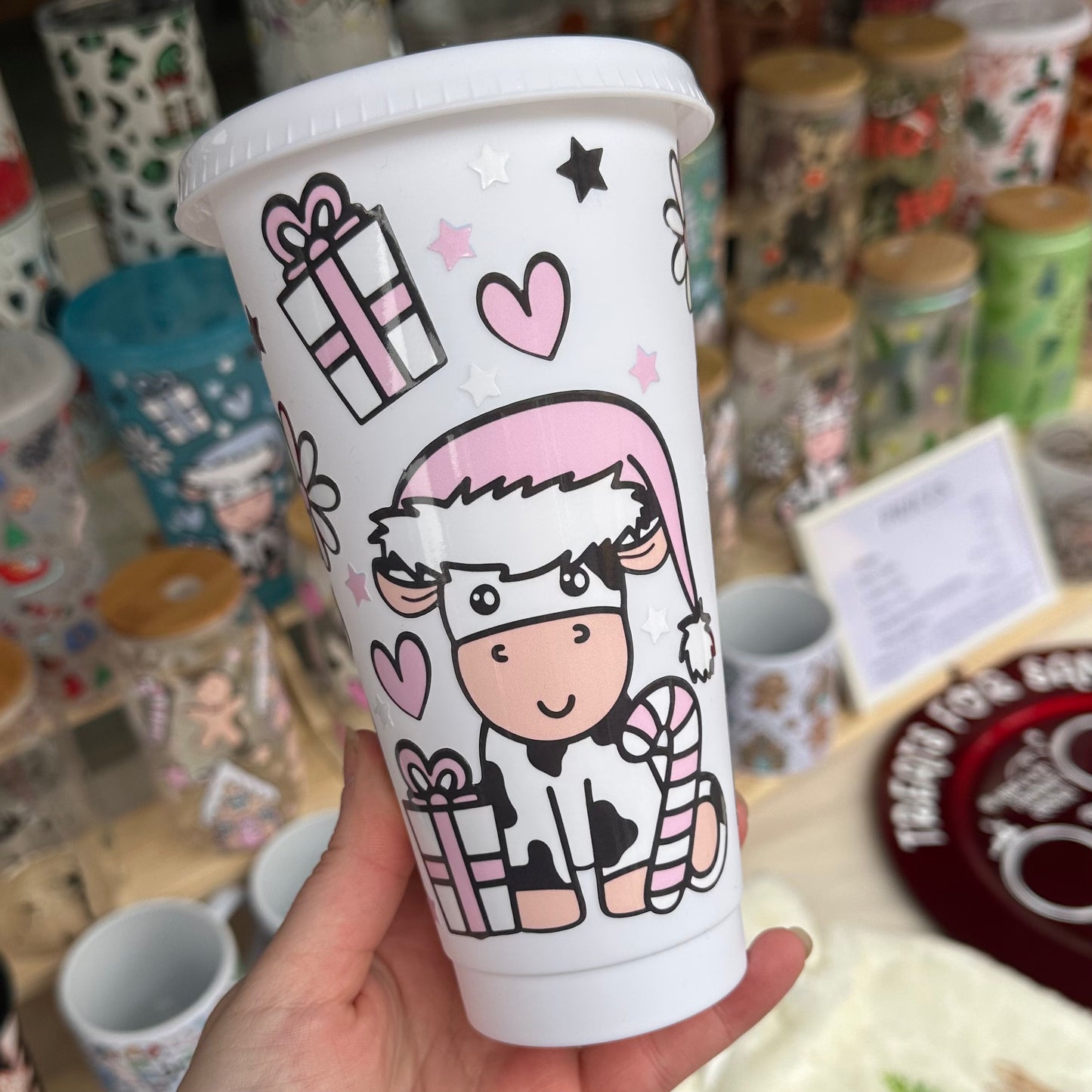 Pink Christmas cow cold cup