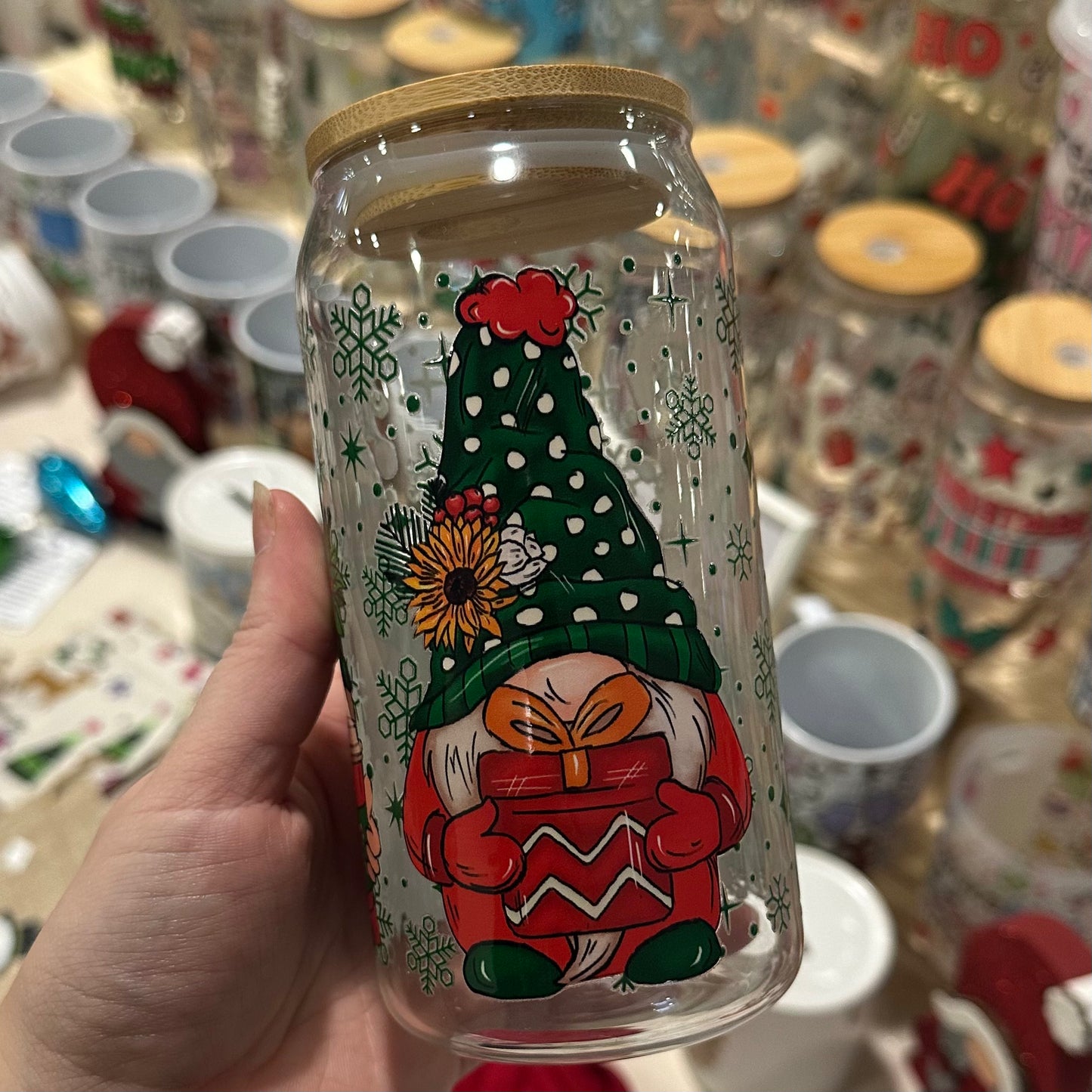 Christmas gonks - glass can