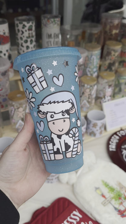Blue Christmas cow cold cup