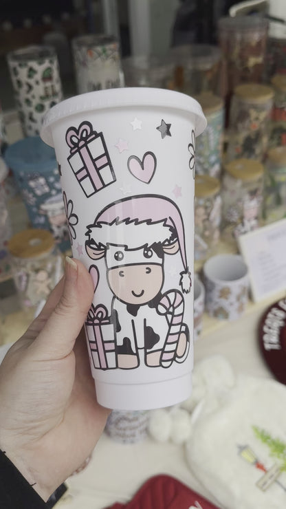 Pink Christmas cow cold cup